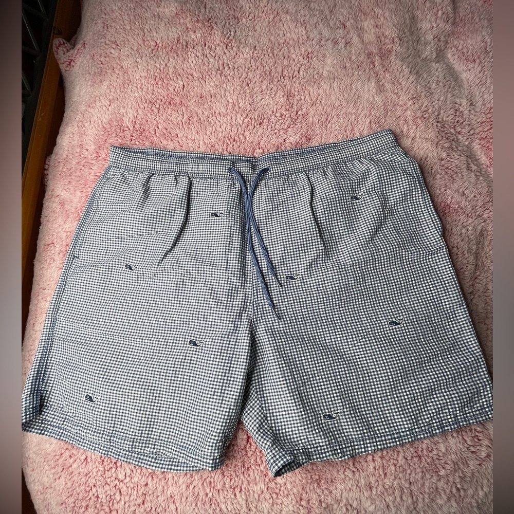 Vineyard Vines - Blue White Gingham Whale Embroidered Print Chappy Trunks -Sz XL